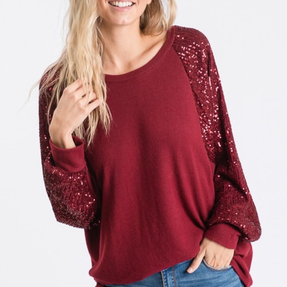 NWT Wine Sequin Balloon Sleeve Top